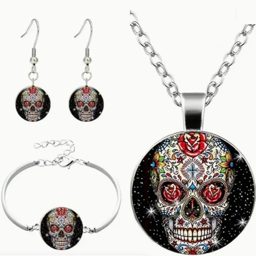 Halloween Day of the dead Sugar skull 4 piece set of Necklace Earrings B…